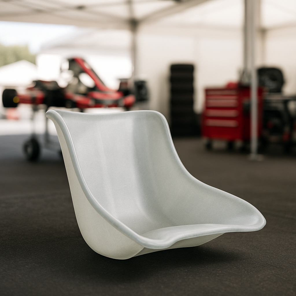 Stolar Karting & Tillbehör collection image. This karting seat with a background in a racing tent with gokarts. Racing style, karting