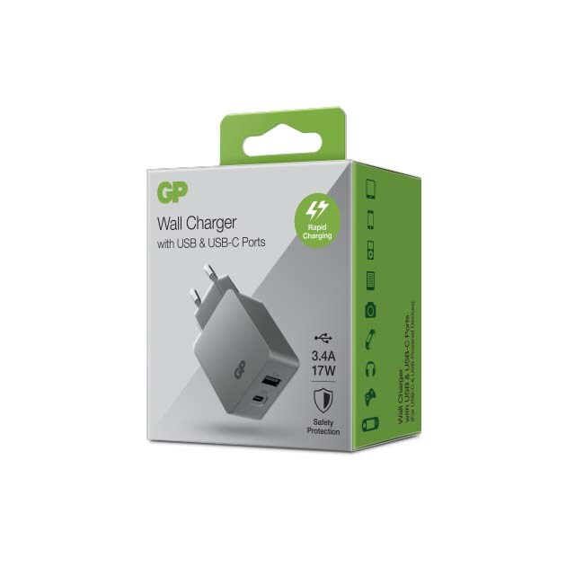 GP vægoplader med 2 USB-porte WA51, USB-A + USB-C