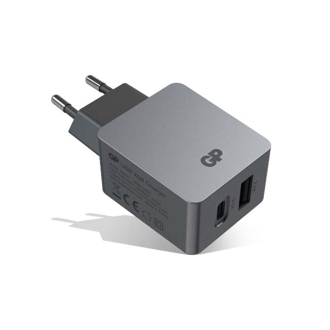 GP vægoplader med 2 USB-porte WA51, USB-A + USB-C