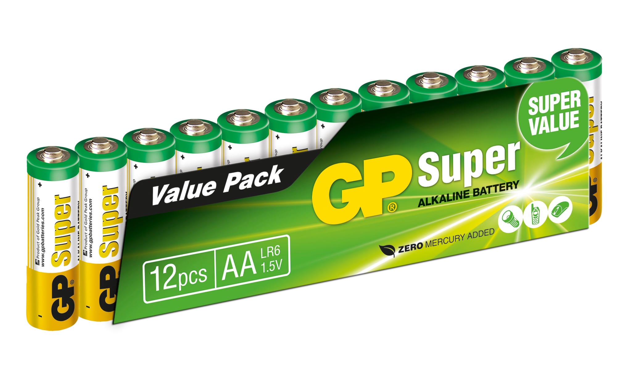 GP Super Alkaline AA-batterier, 15A/LR6, 12-pak