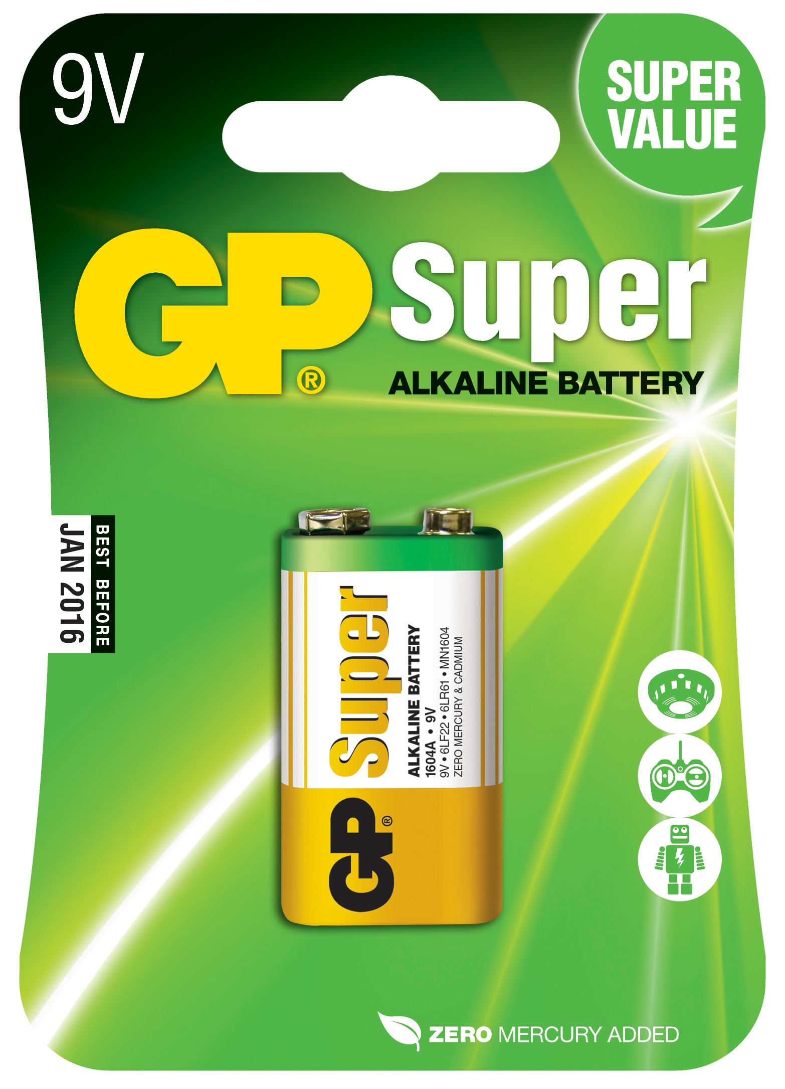 GP Super Alkaline 9V batteri, 1604A/6LF22, 1-pak