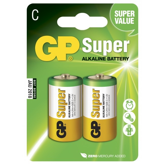 GP Super Alkaline C-batteri, 14A/LR14, 2-pak